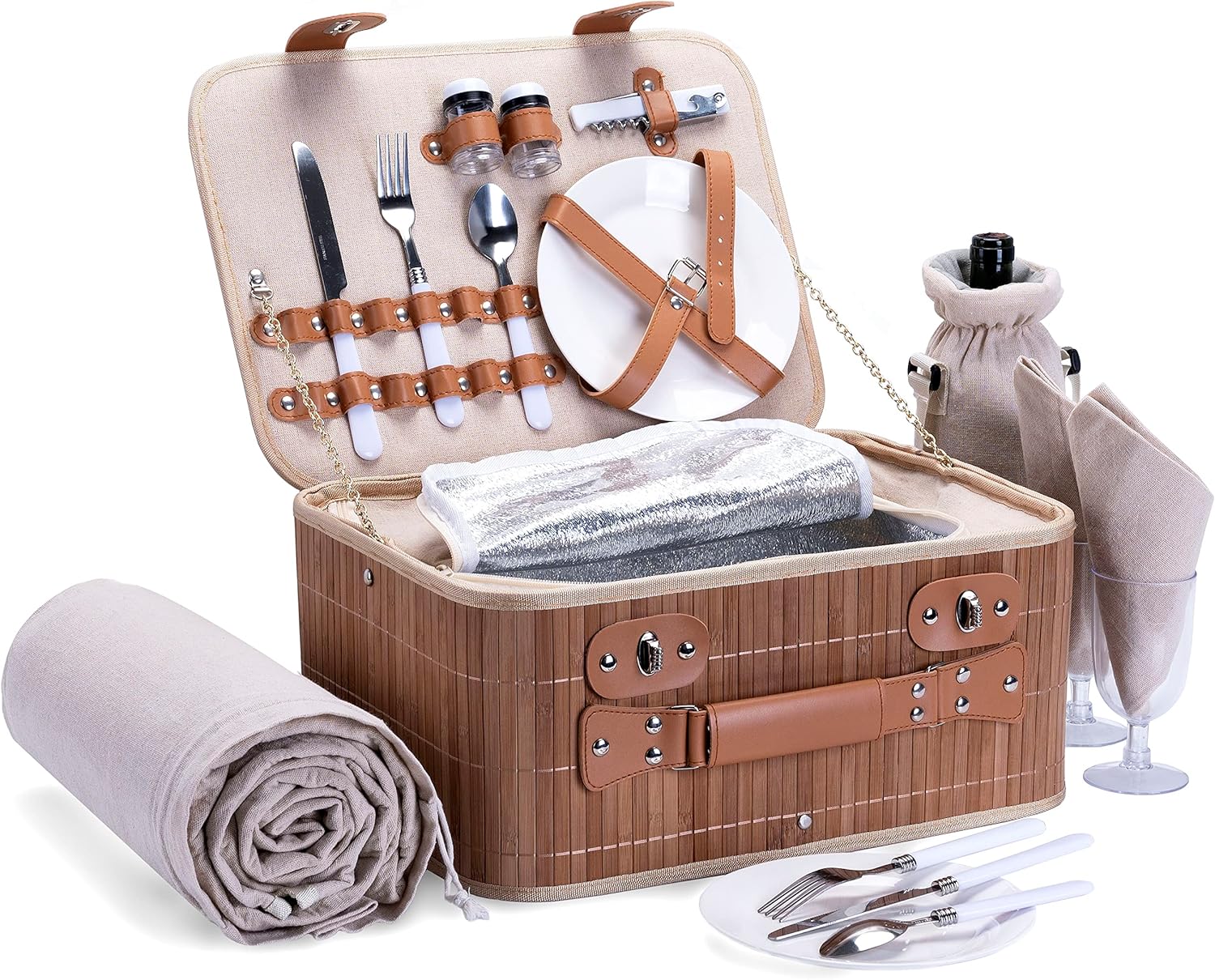 Picnic Basket Set for 2 with Insulated Wine Pouch and Blanket