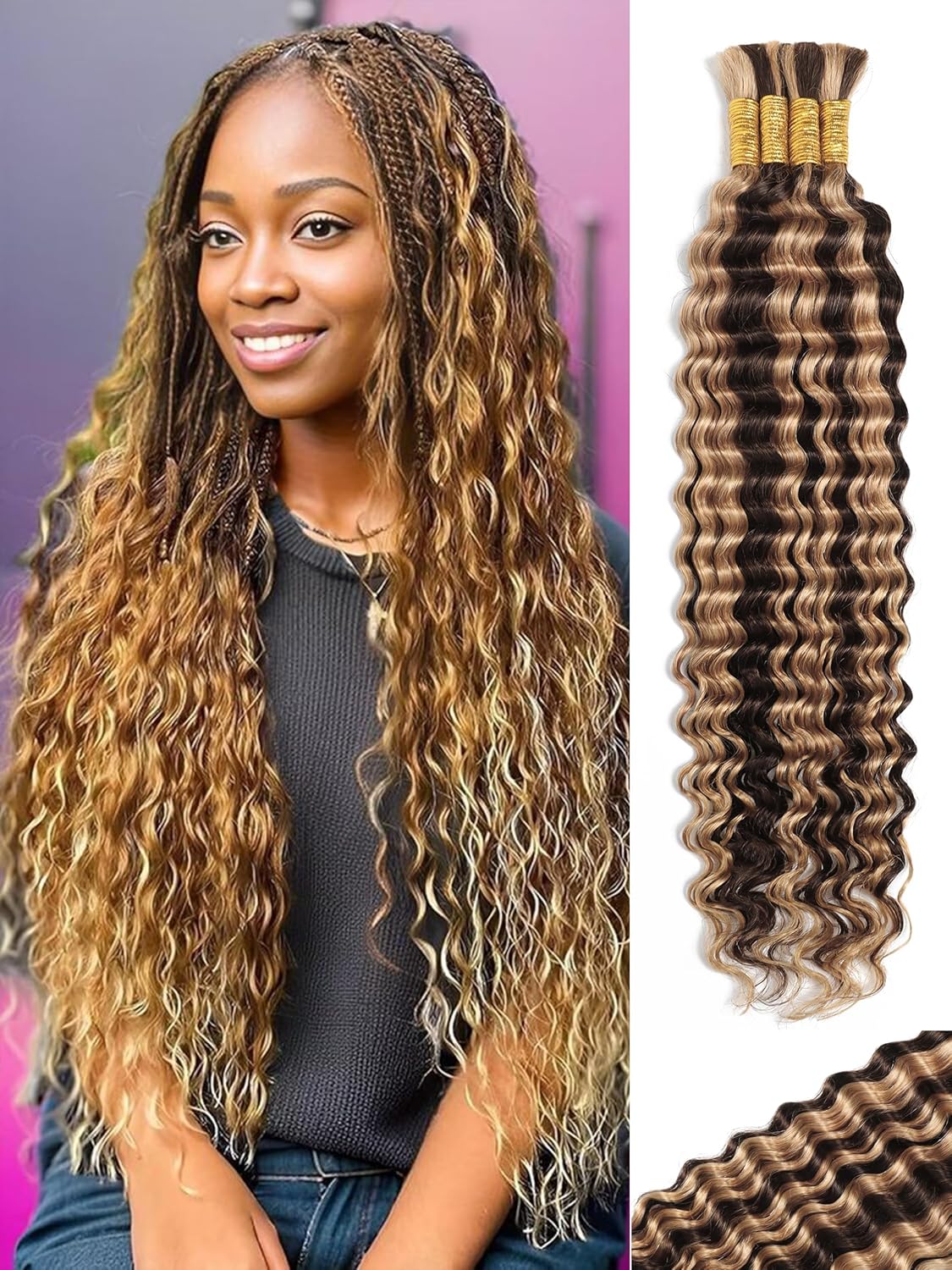 Ombre Human Braiding Hair 18 Inch Deep Wave for Boho Styles