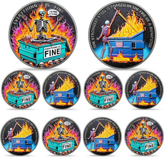 Colorful Skull Dumpster Fire Challenge Coin for Office Humor
