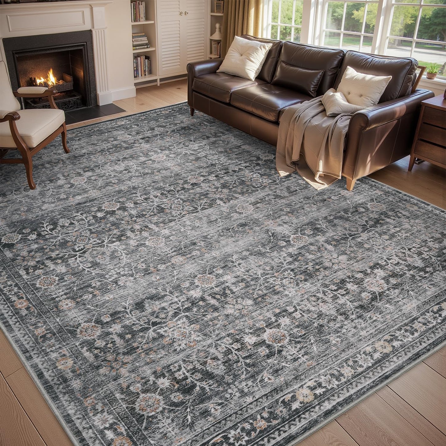 Vintage Area Rug 5X7 Grey Soft Distressed Non Slip Carpet
