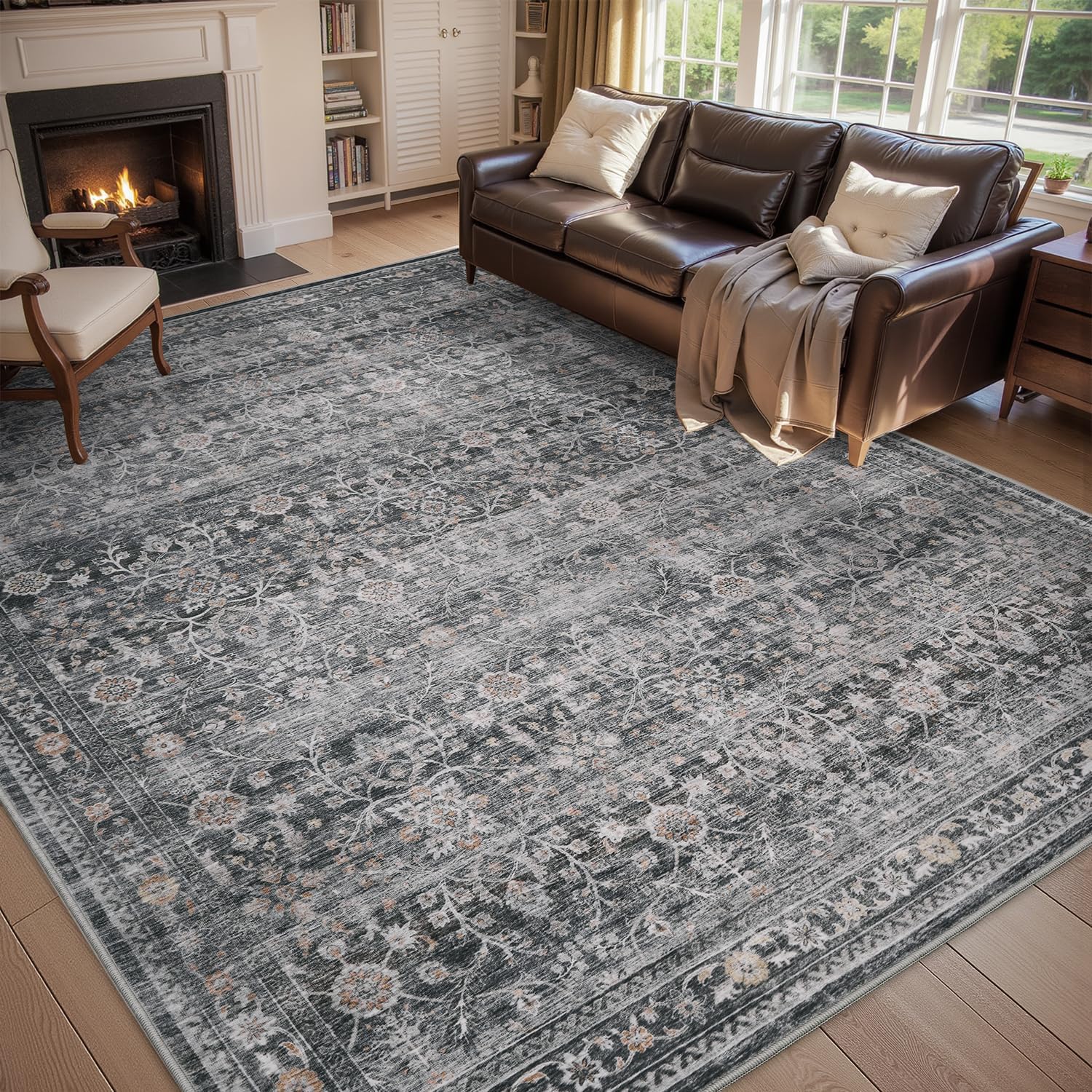 Vintage Area Rug 5X7 Grey Soft Distressed Non Slip Carpet