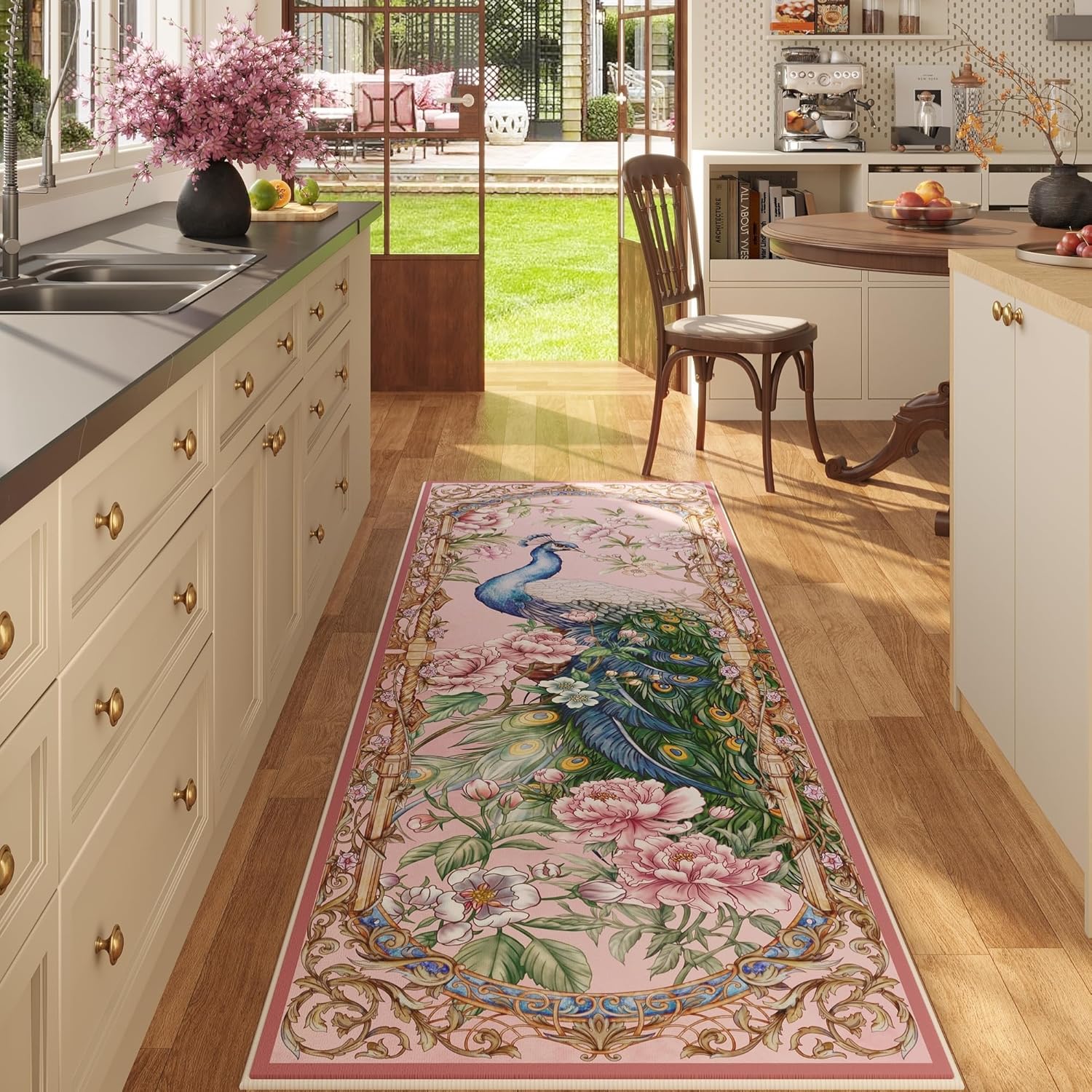 Runner Rug for Kitchen 2ft 6inx8ft Soft Floral Peacock Design