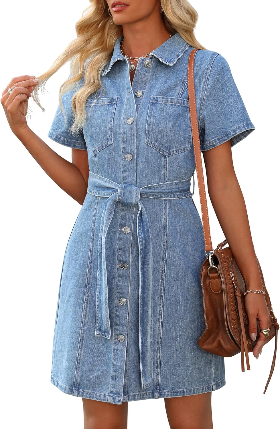 Women's Denim Dress Summer Short Sleeve Jean Dress with Pockets