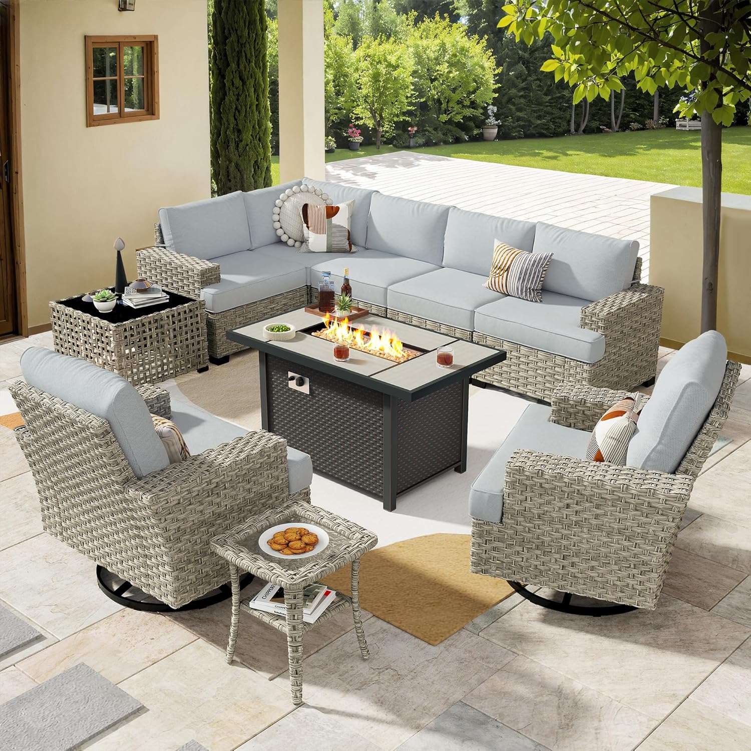 HOOOWOOO Outdoor Sectional Patio Furniture Set with Fire Pit