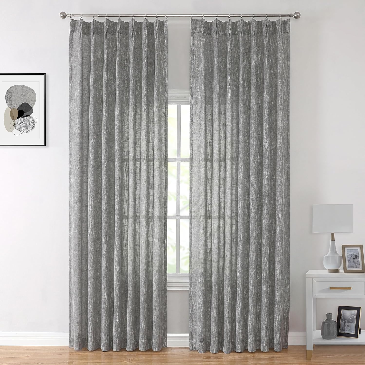 Vision Home Gray Pinch Pleated Semi Sheer Curtains for Windows