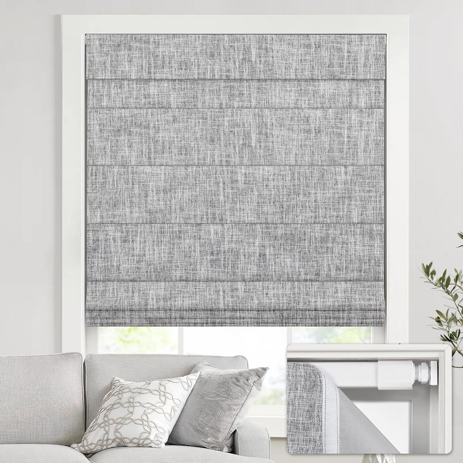 No Drill Cordless Roman Shades for Windows - 100% Blackout Grey