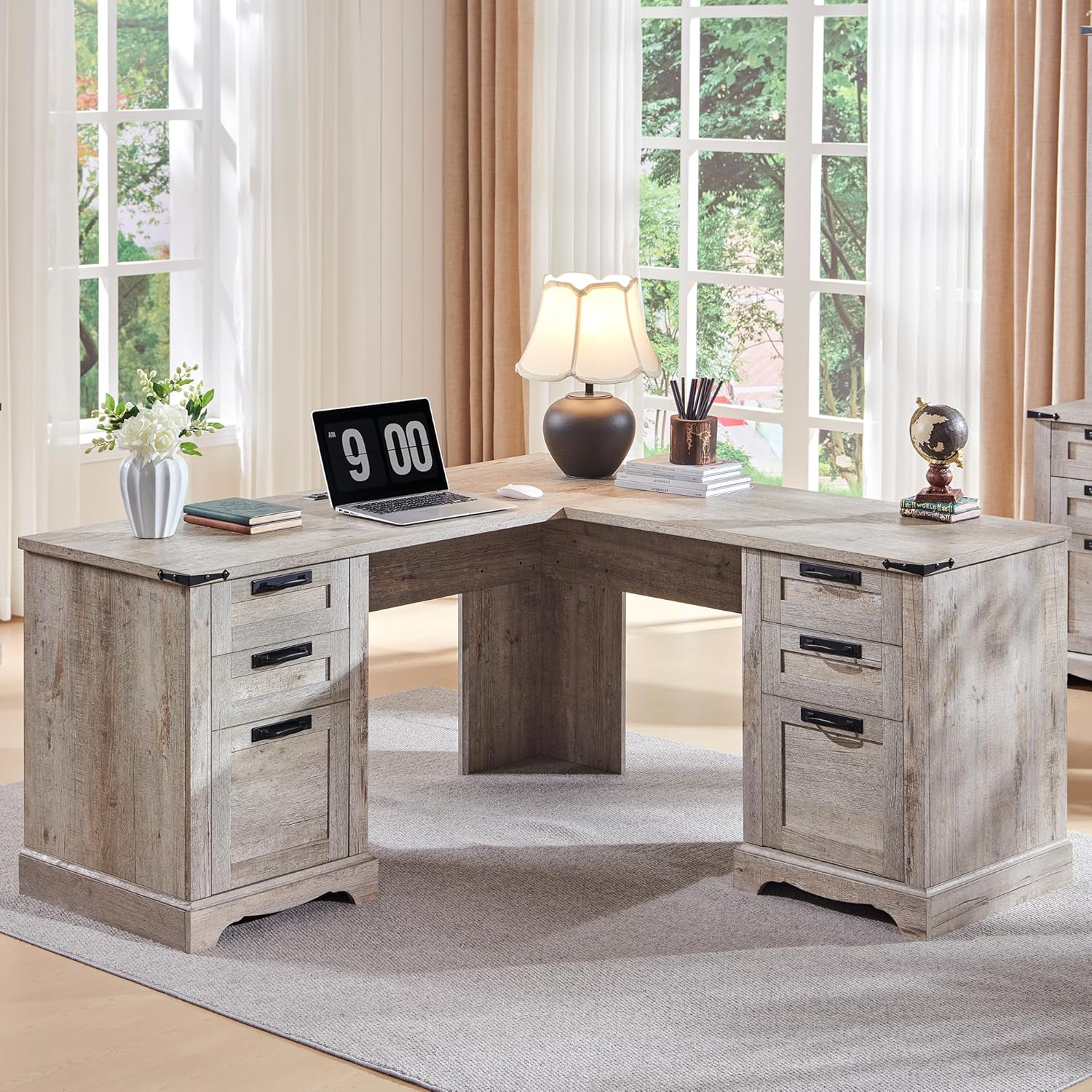 RedLemon Farmhouse L Desk: Charging Station, Storage, Rustic Style