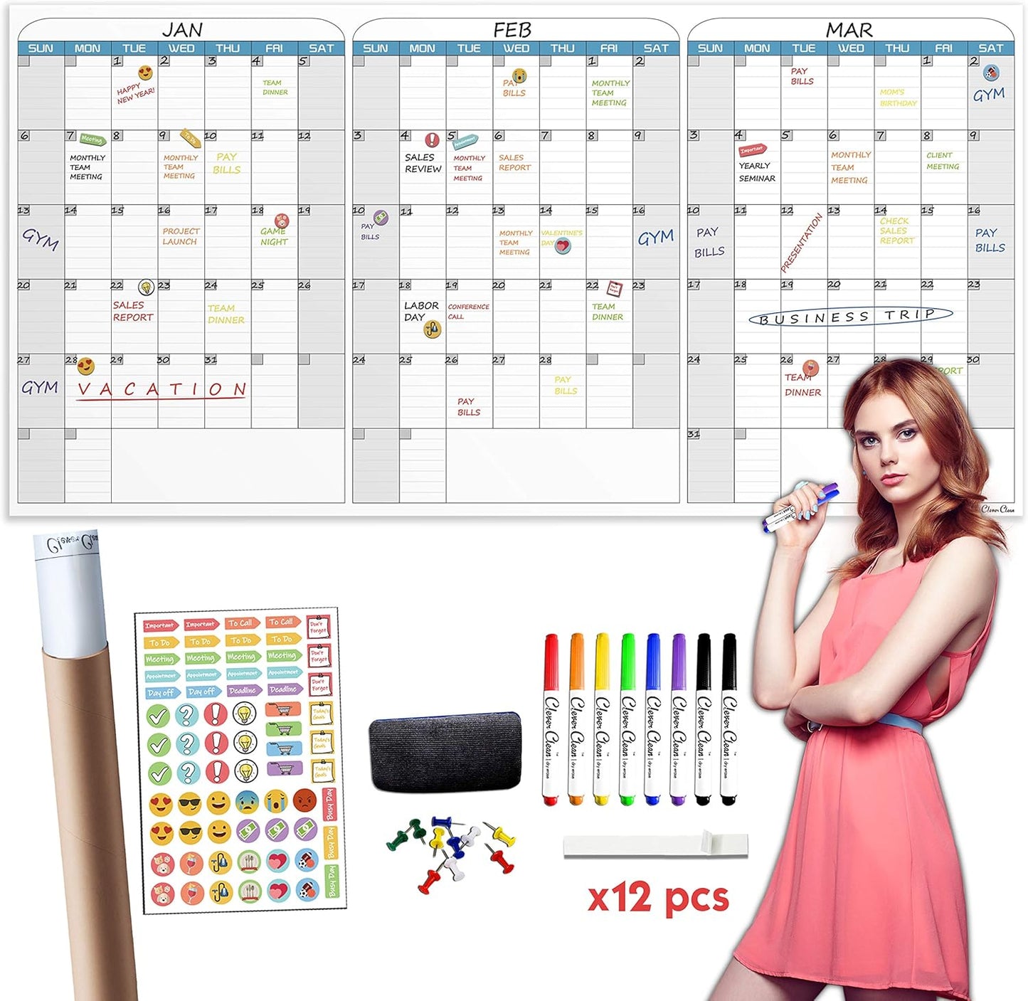 CLEVER CLEAN Large Dry Erase Wall Calendar for Home and Office