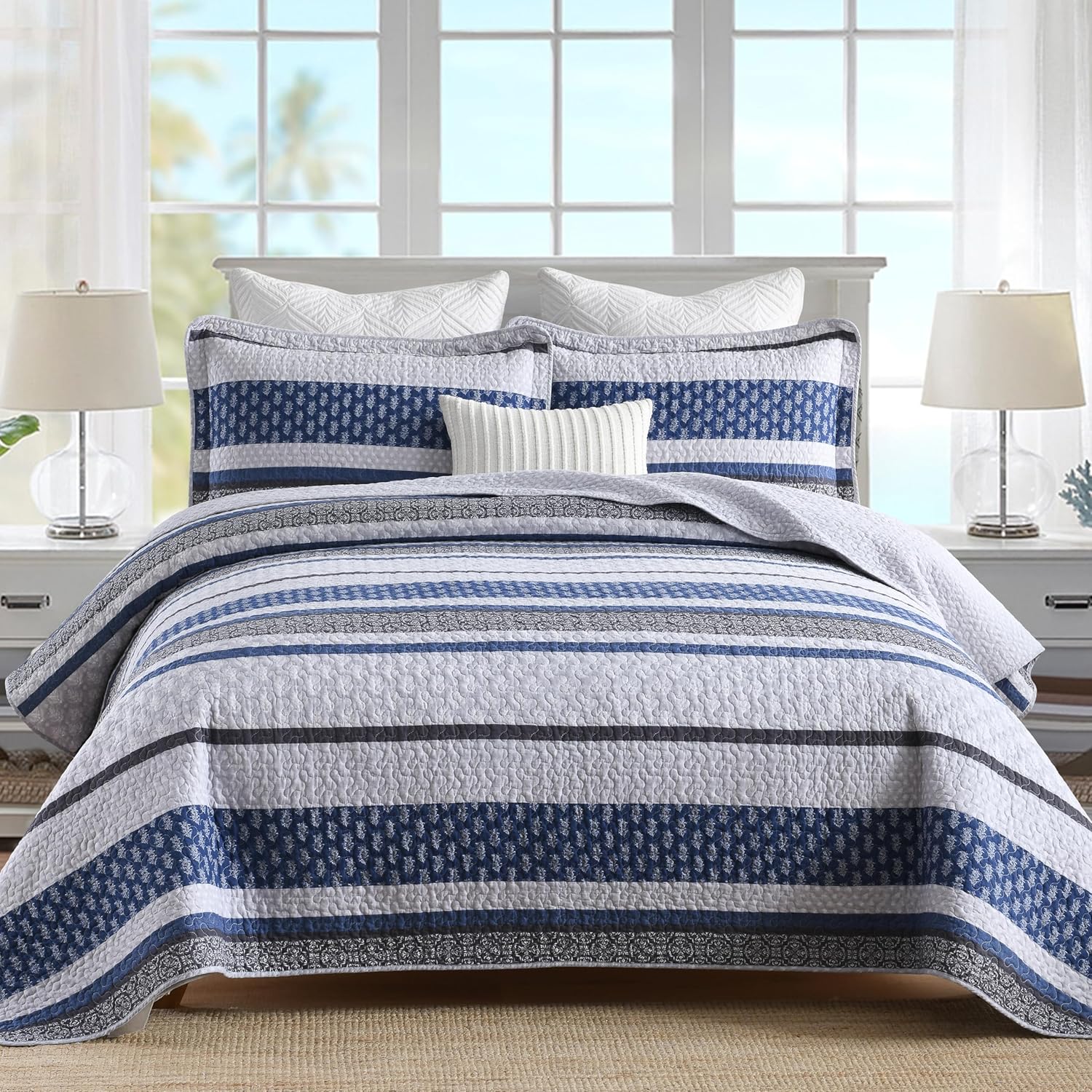 Homzard King Size Quilt Set - 100% Cotton Blue Floral Design