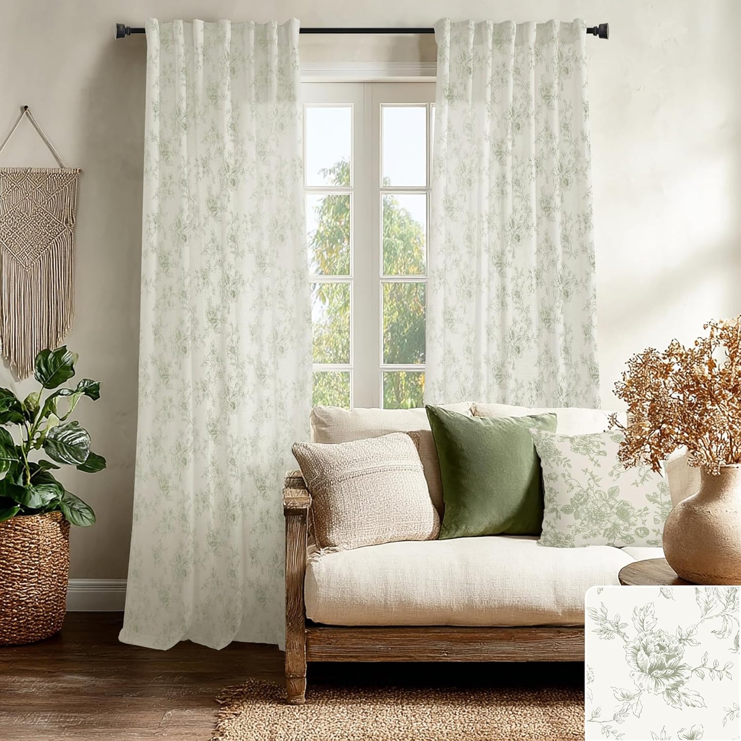 Sage Green Printed Patterned Curtains for Vintage Floral Elegance