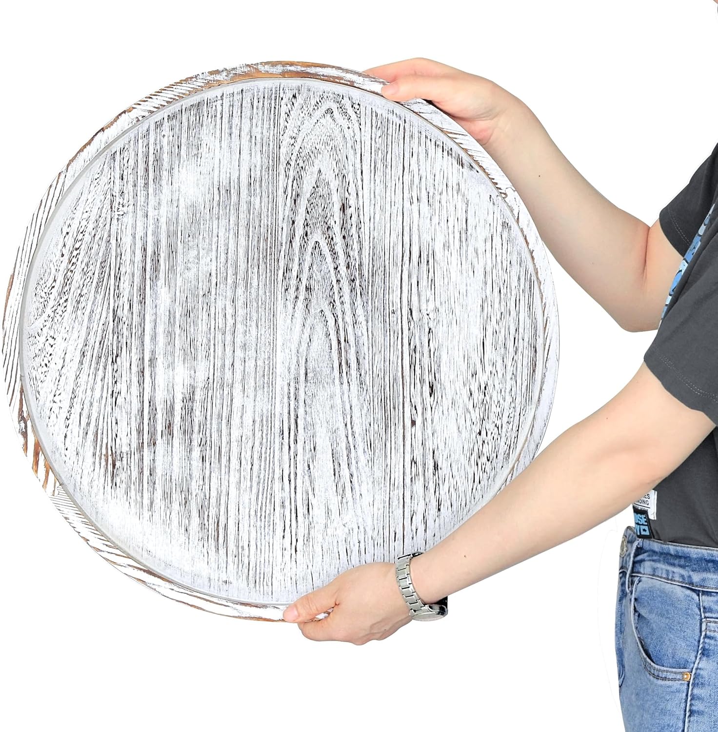 Extra Large Round Ottoman Tray - Rustic Wooden Serving Tray