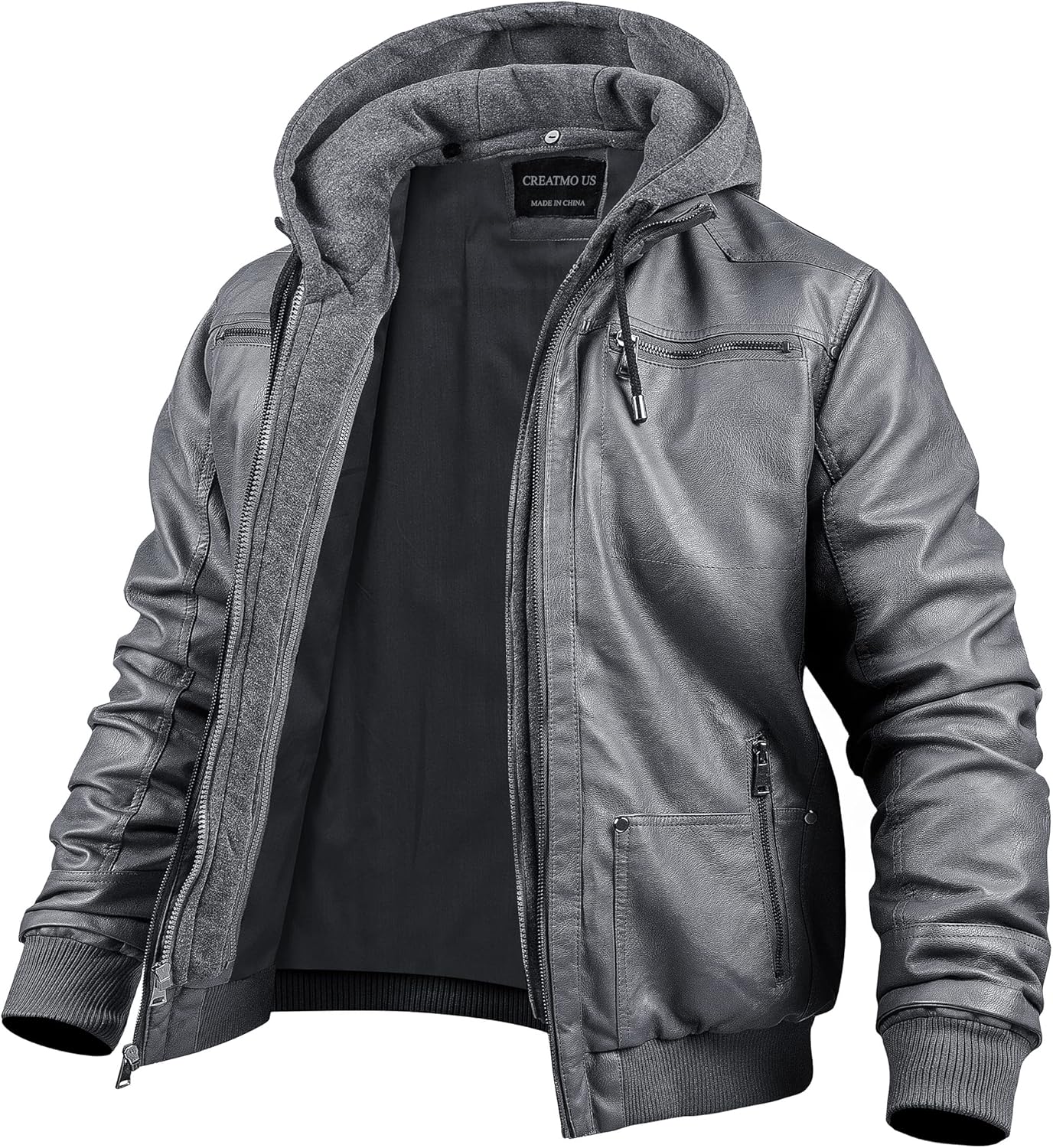 Men's Faux Leather Motorcycle Jacket with Removable Hood