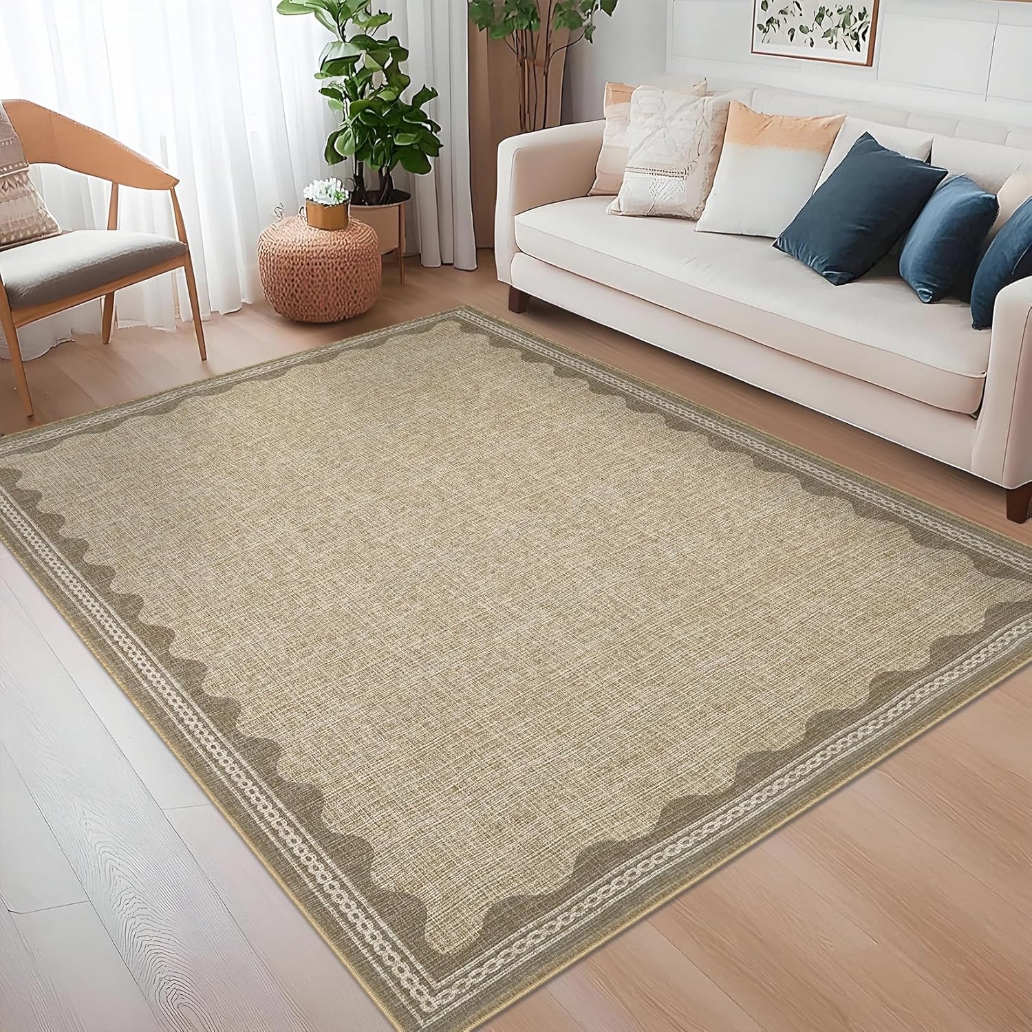 Scalloped Washable Rug 5x7 by CAREMEE for Living Room