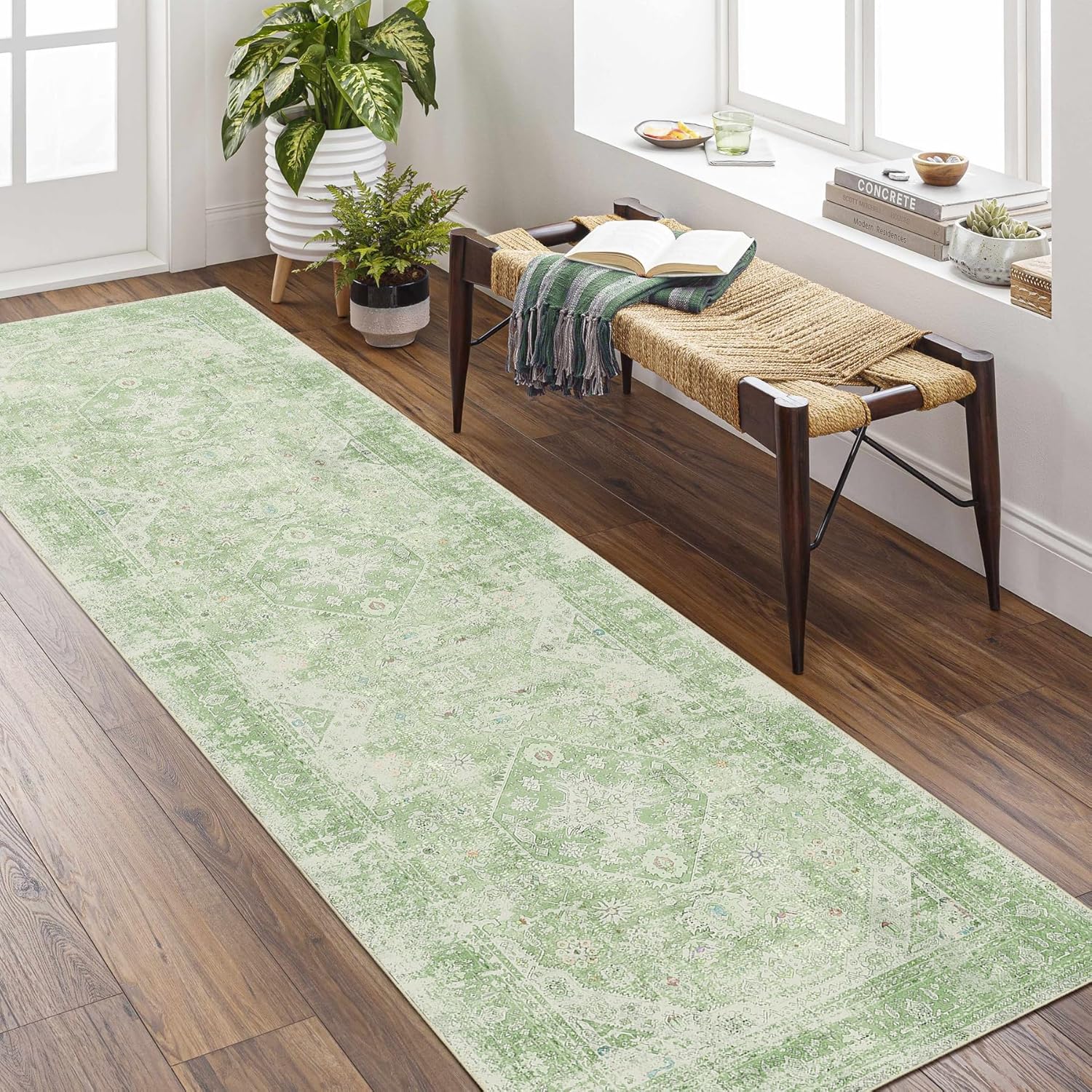 MUJOO 2x8 Runner Rug - Soft Sage Green Floral Design for Home