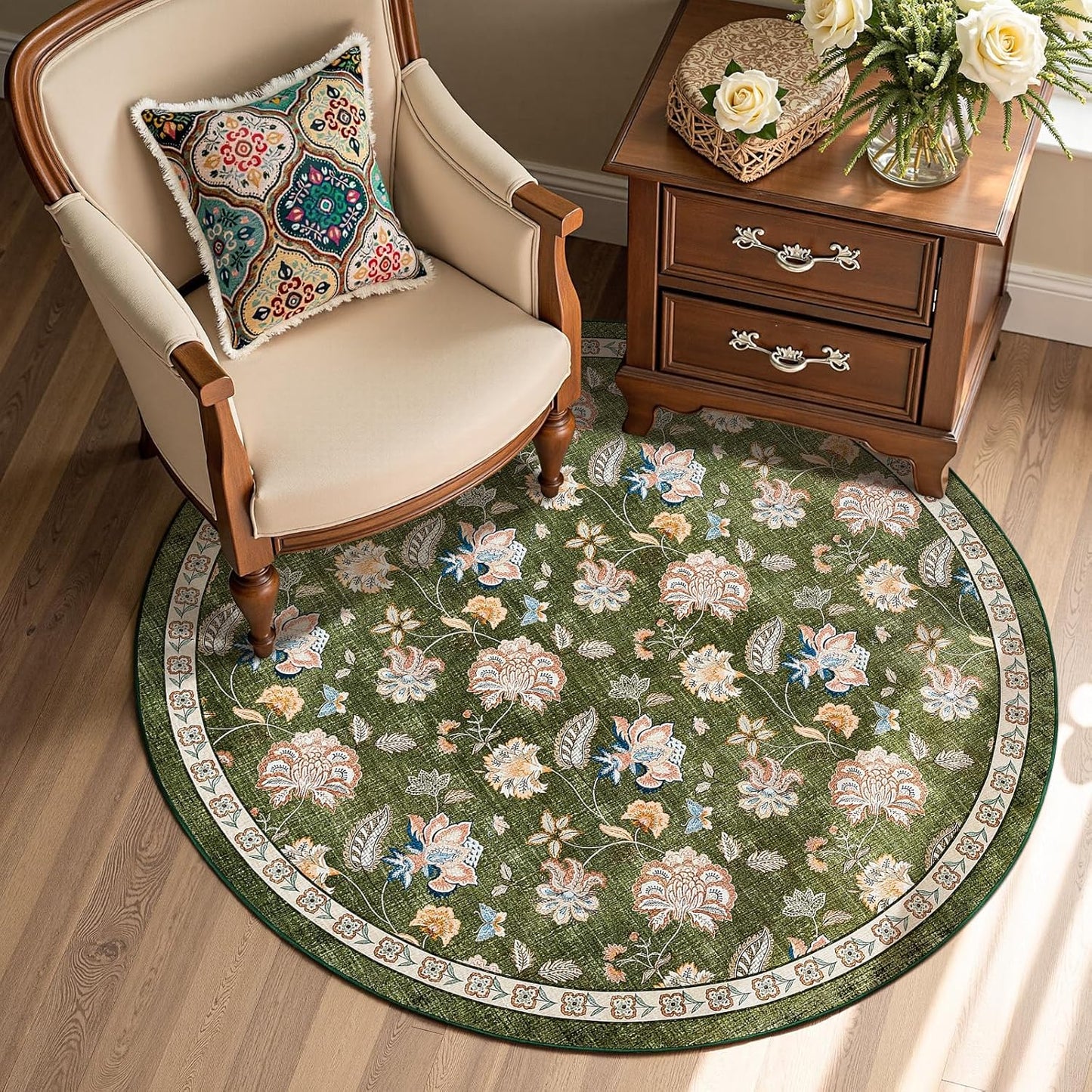 Floral Round Rug for Entryway Washable Kitchen Vintage Charm