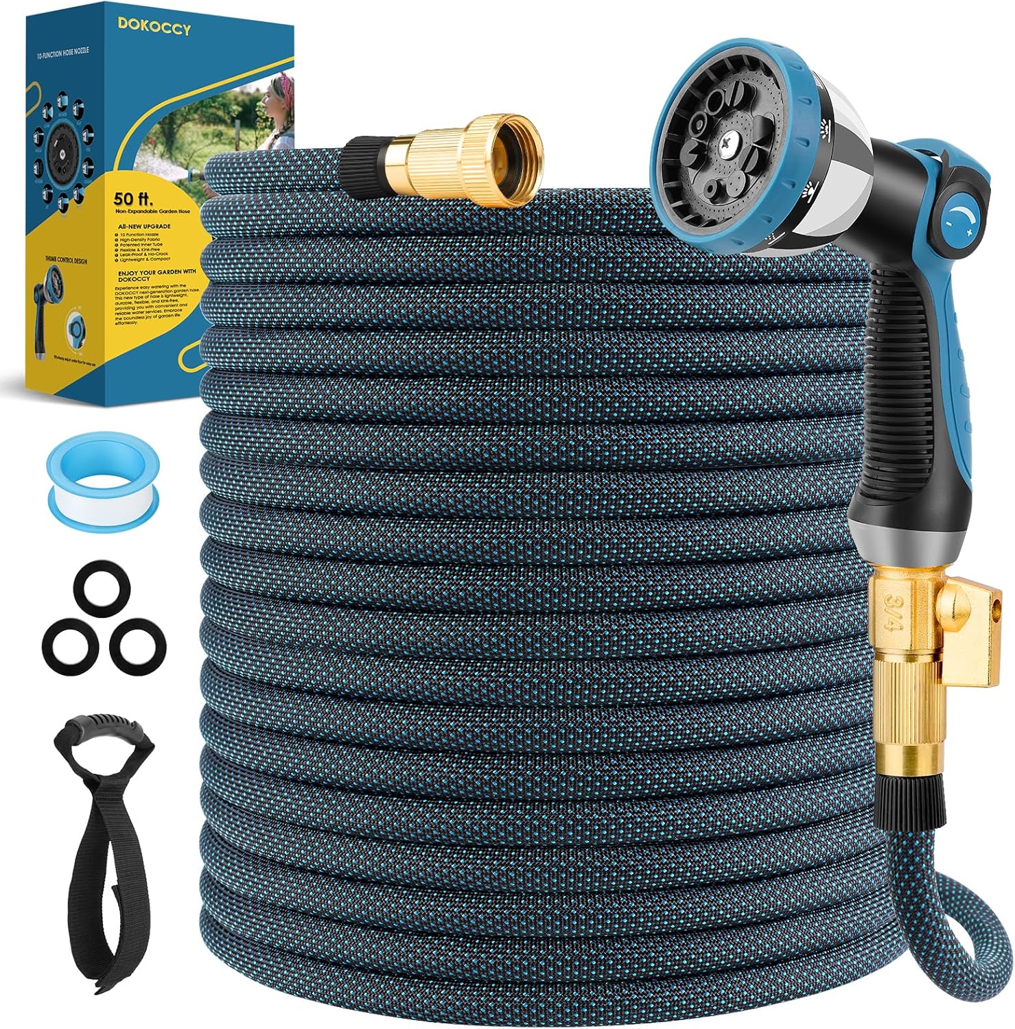 Non-Expanding Garden Hose 50 ft with 10 Function Spray Nozzle