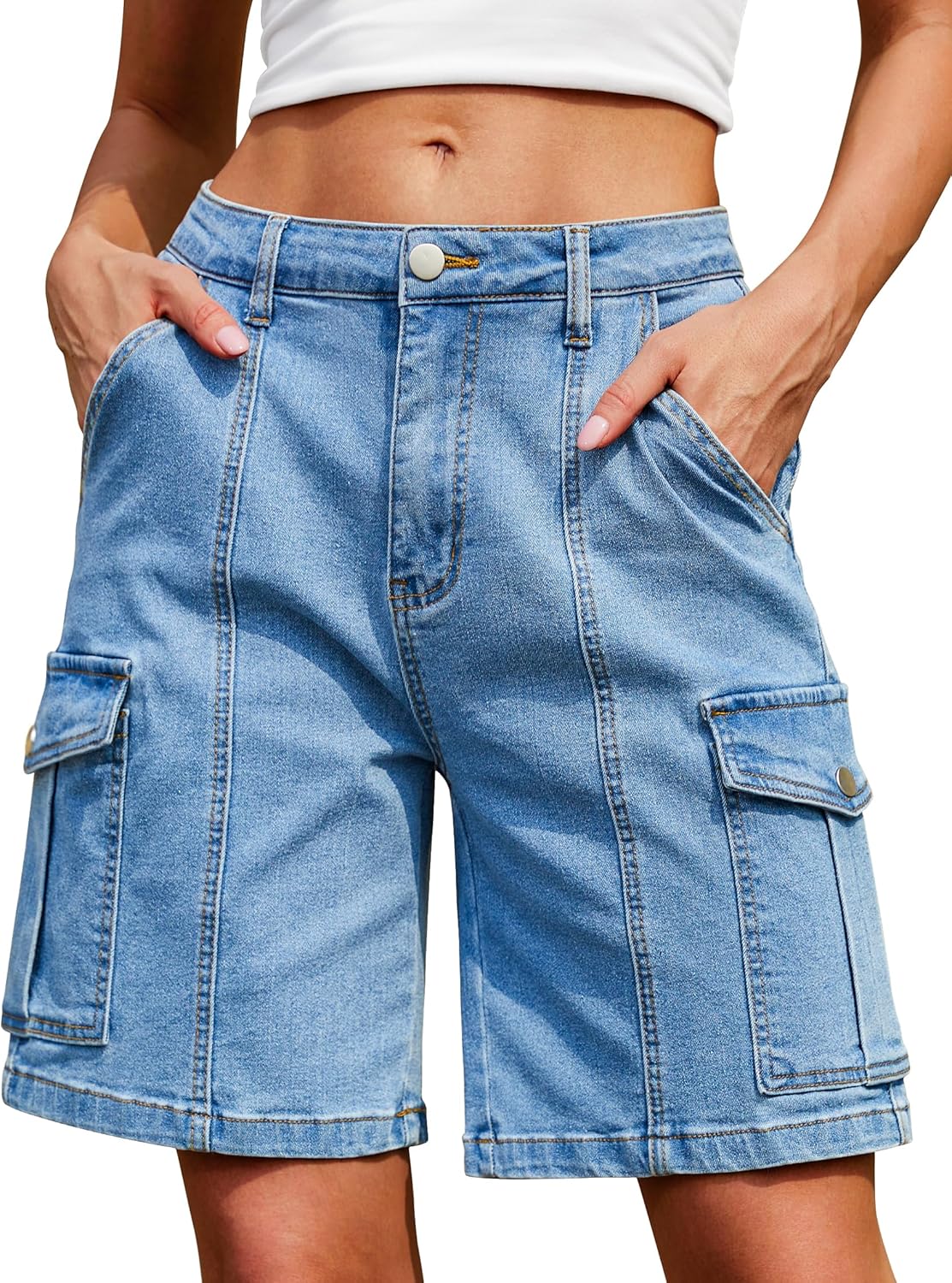 IWD Bermuda Cargo Denim Shorts for Women with 6 Pockets