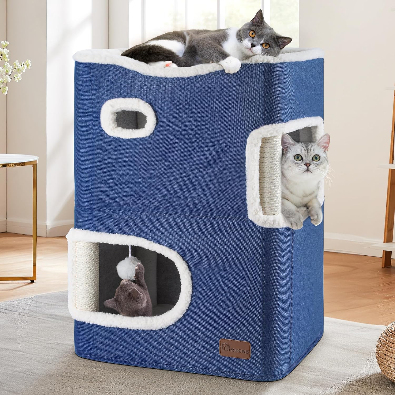 YITAHOME 2-Tier Cat House with Scratch Pad and Hideaway Cube
