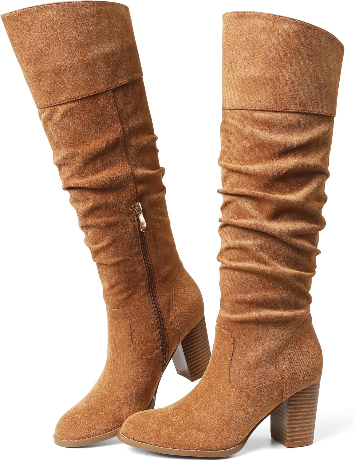Erocalli Suede Knee-High Boots for Women with Chunky Block Heel