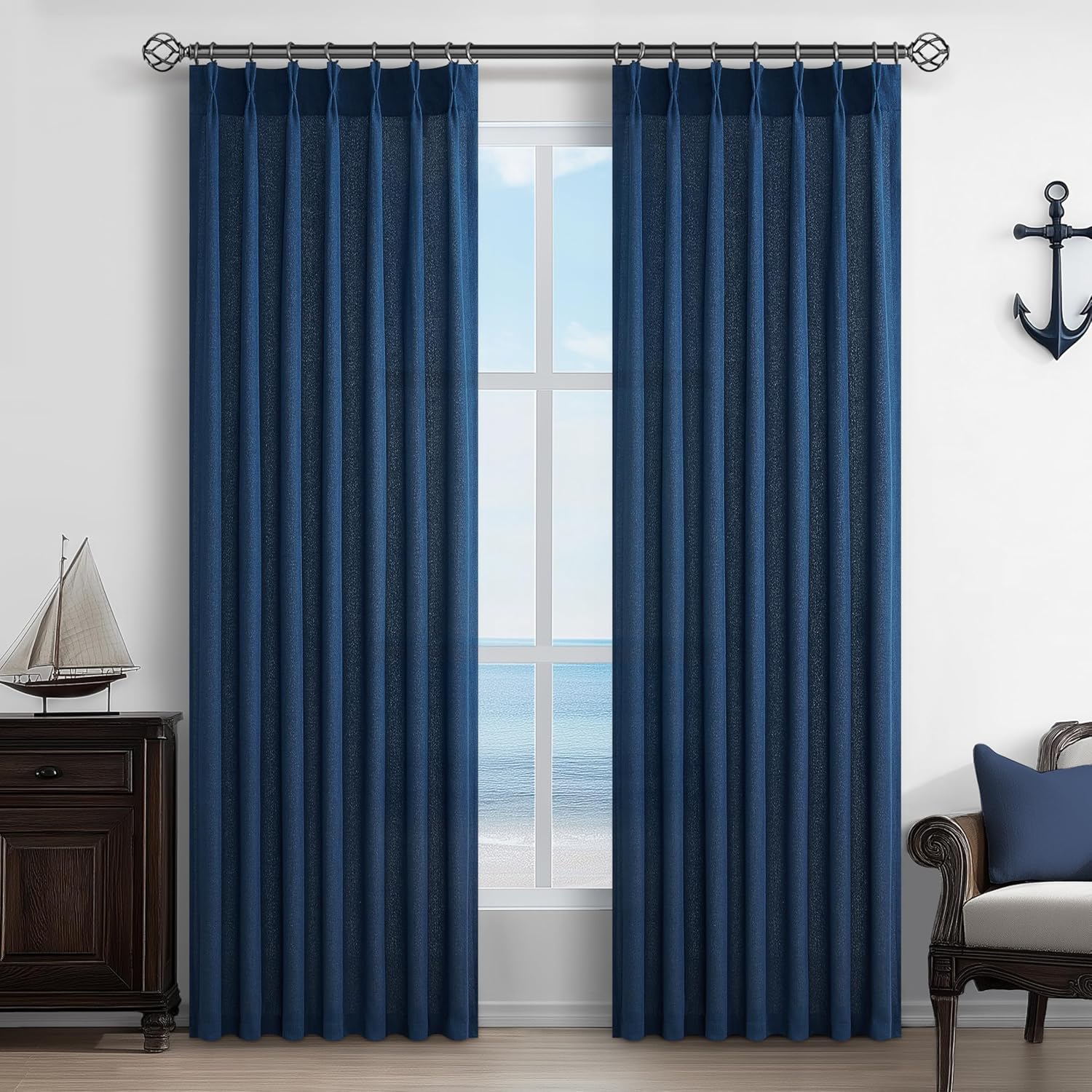 Elegant Navy Blue Pleat Curtains for Living Room and Kids Room