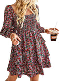 Womens Square Neck Smocked Floral Swiss Dot Mini Dress (Style 16HS)
