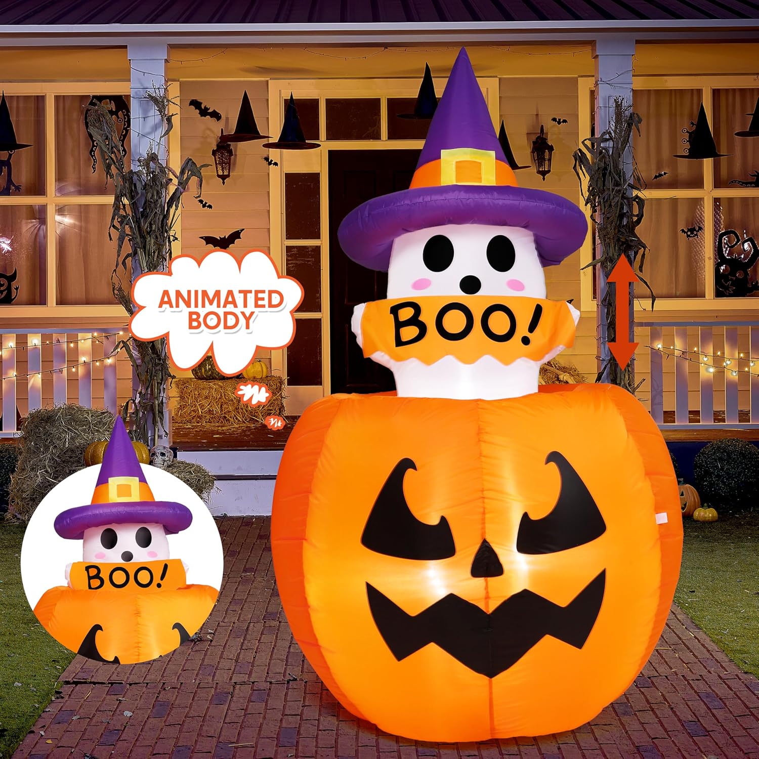 5ft Tall Halloween Animated Inflatables Ghost on Pumpkin Decor