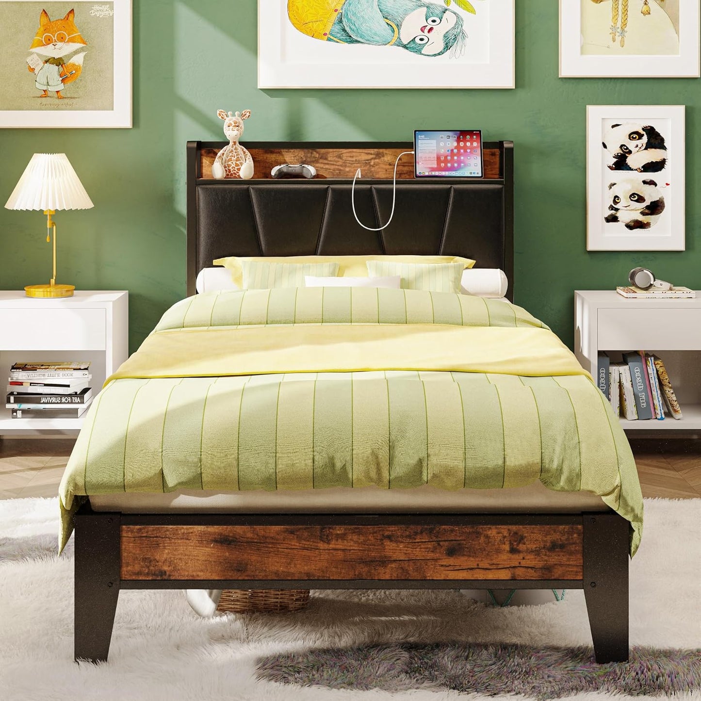 LIKIMIO Twin XL Bed Frame with Storage Headboard and Charging