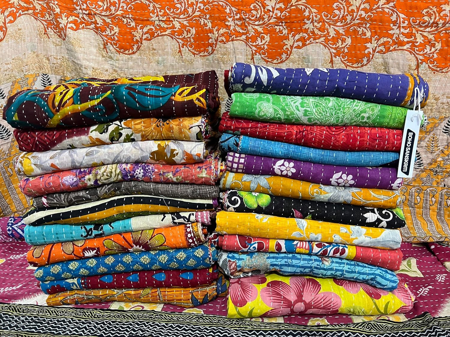 Boho Sanskriti Vintage Kantha Bedspread for Stylish Decor