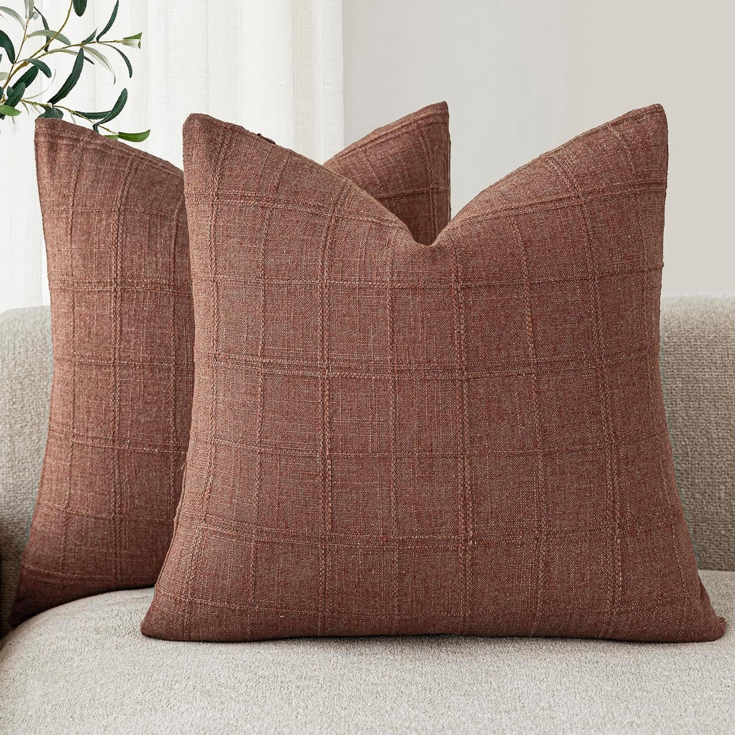Foindtower Set of 2 Decorative Linen Check Throw Pillow Covers