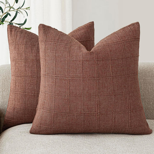 Foindtower Set of 2 Decorative Linen Check Throw Pillow Covers