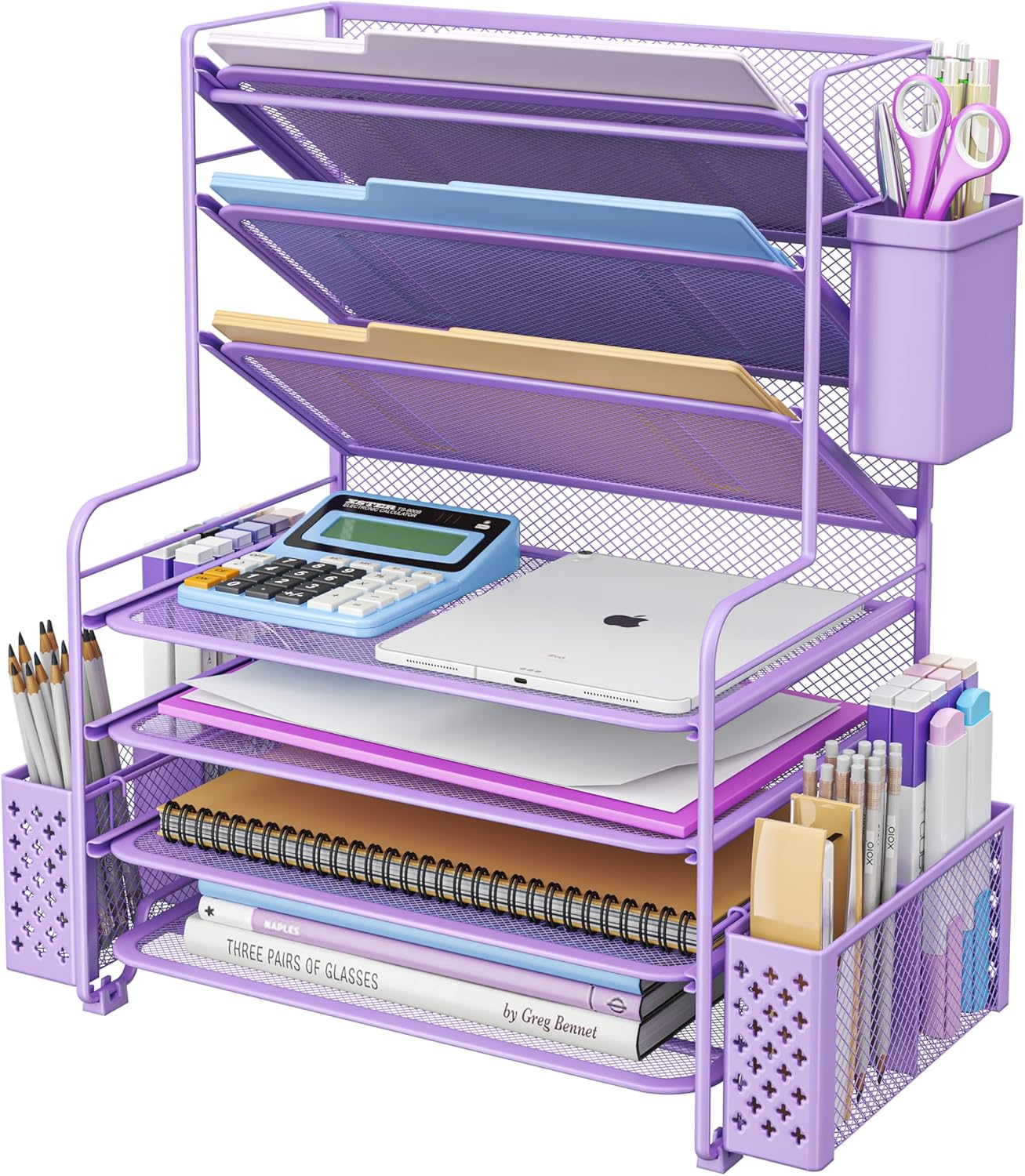 7 Tier Desk File Organizer with Pen Holder and Metal Basket