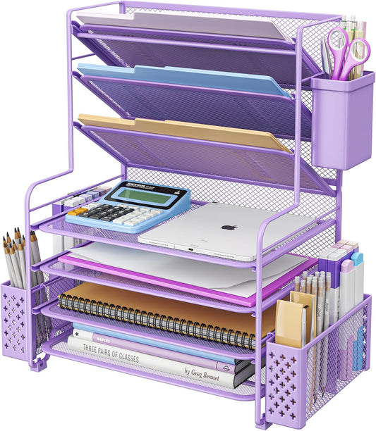 7 Tier Desk File Organizer with Pen Holder and Metal Basket
