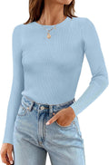 Long Sleeve Crewneck Ribbed Knit Sweater Slim Fitted Basic Tee - Cozy