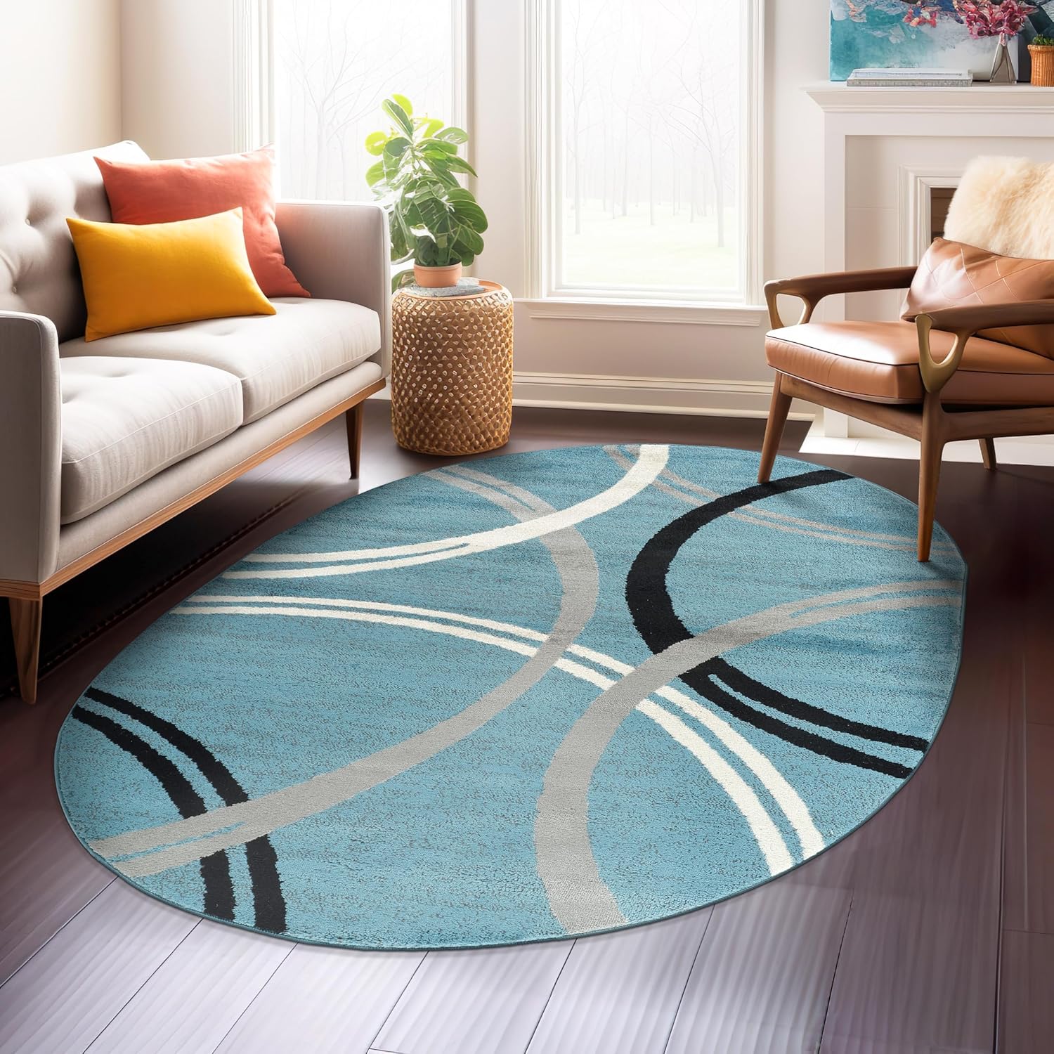 Modern Wavy Circles Design Oval Rug for Stylish Interiors