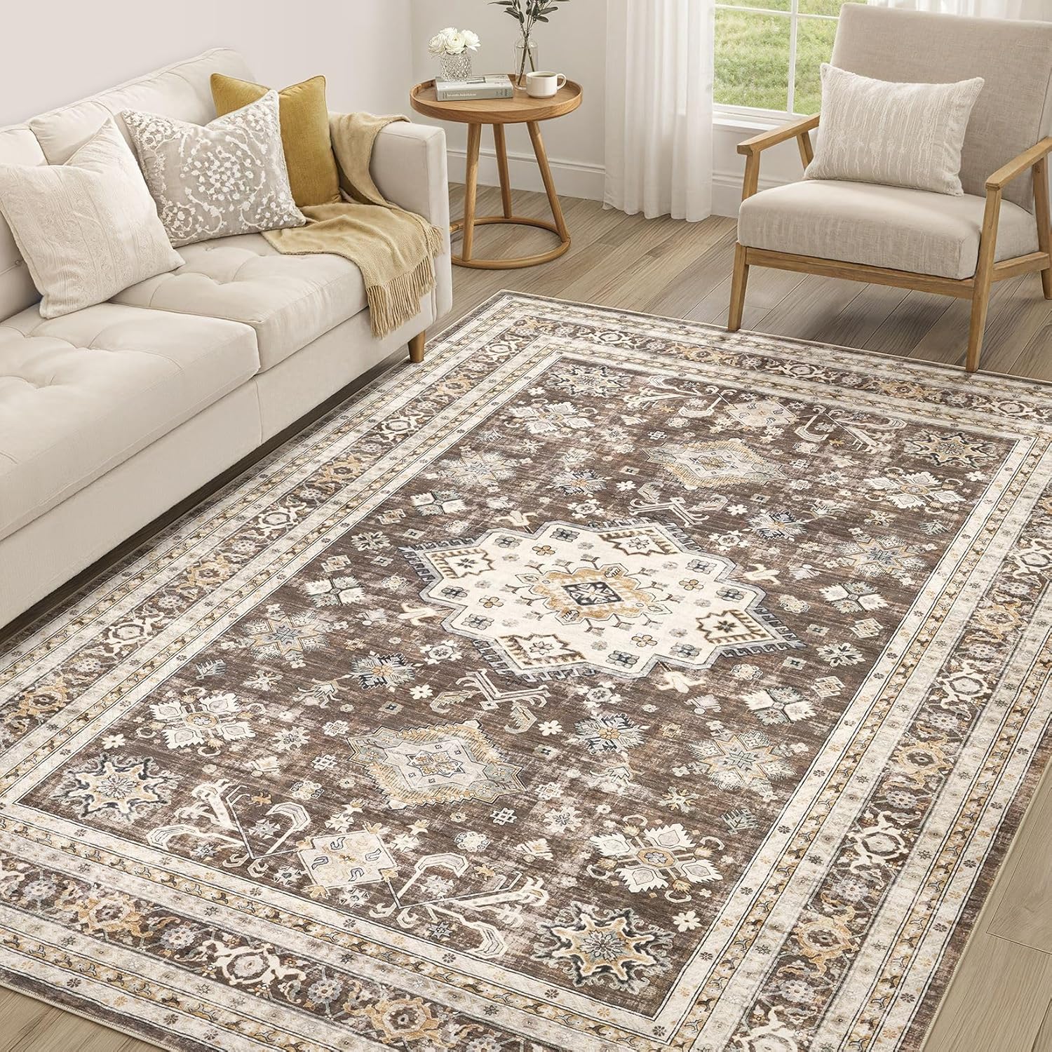 Vintage Living Room Area Rug 5x7 - Soft Washable Carpet