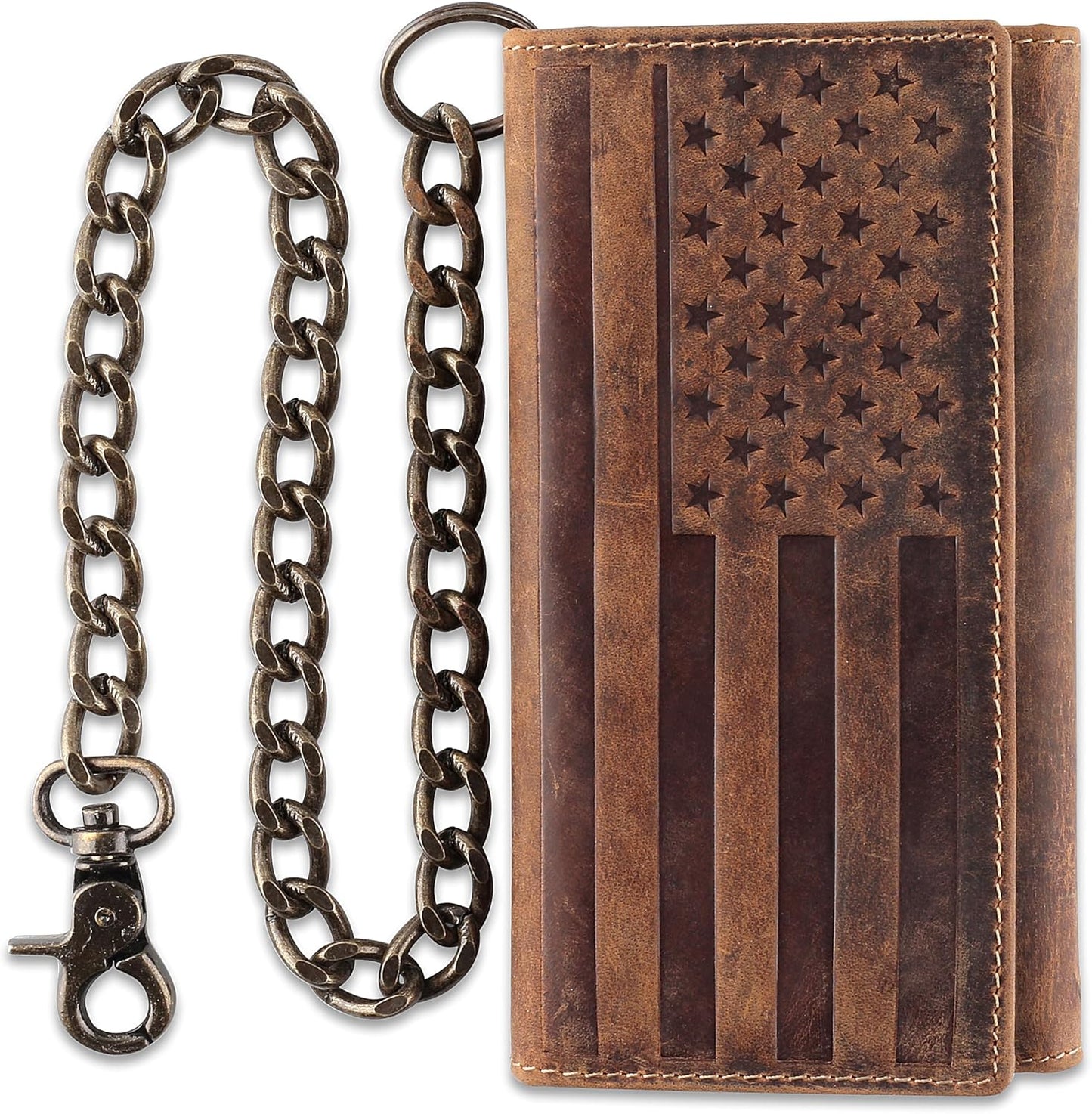 RFID Blocking Mens Tri-fold Long Cowhide Leather Wallet with Chain