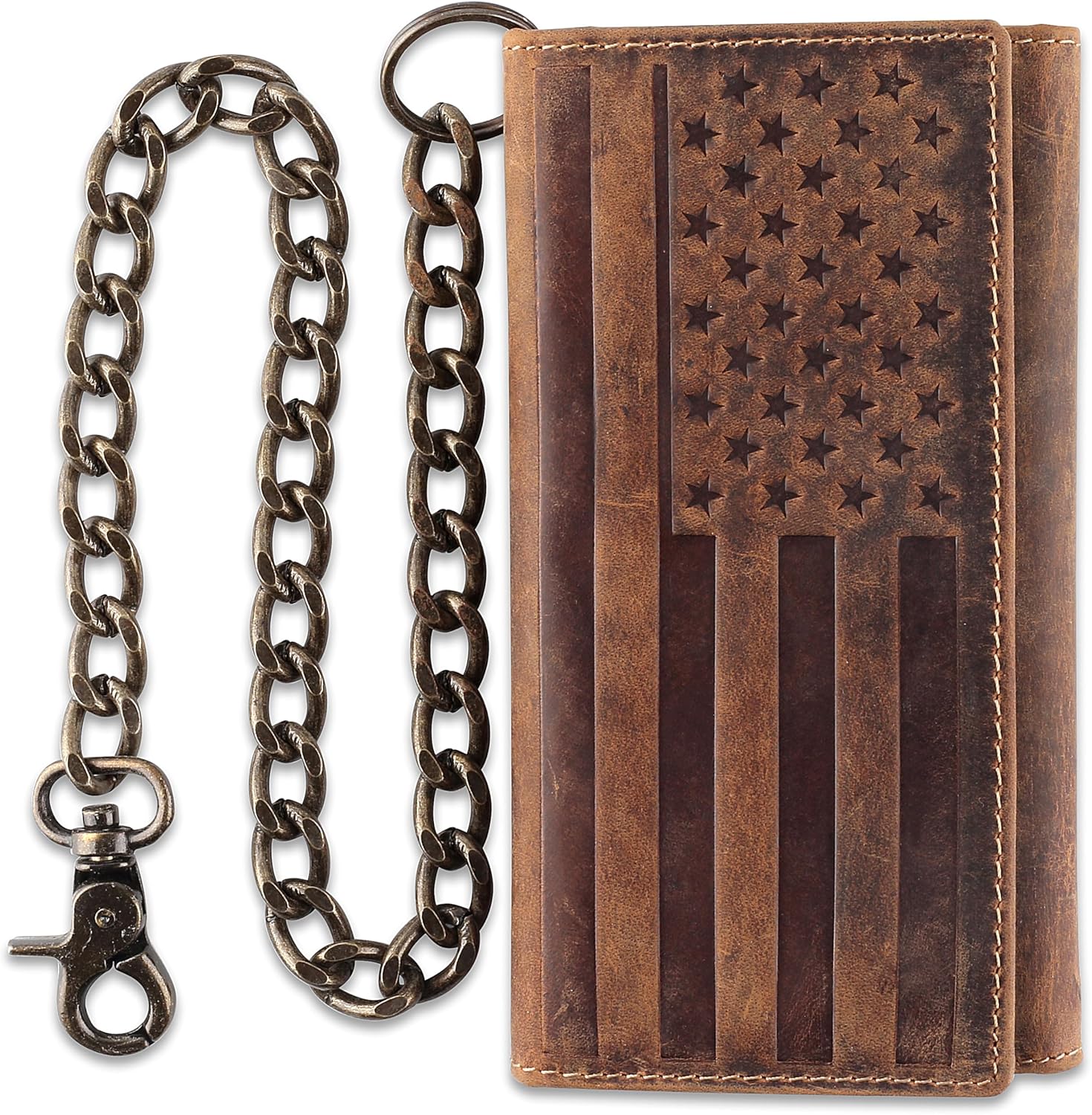 RFID Blocking Mens Tri-fold Long Cowhide Leather Wallet with Chain