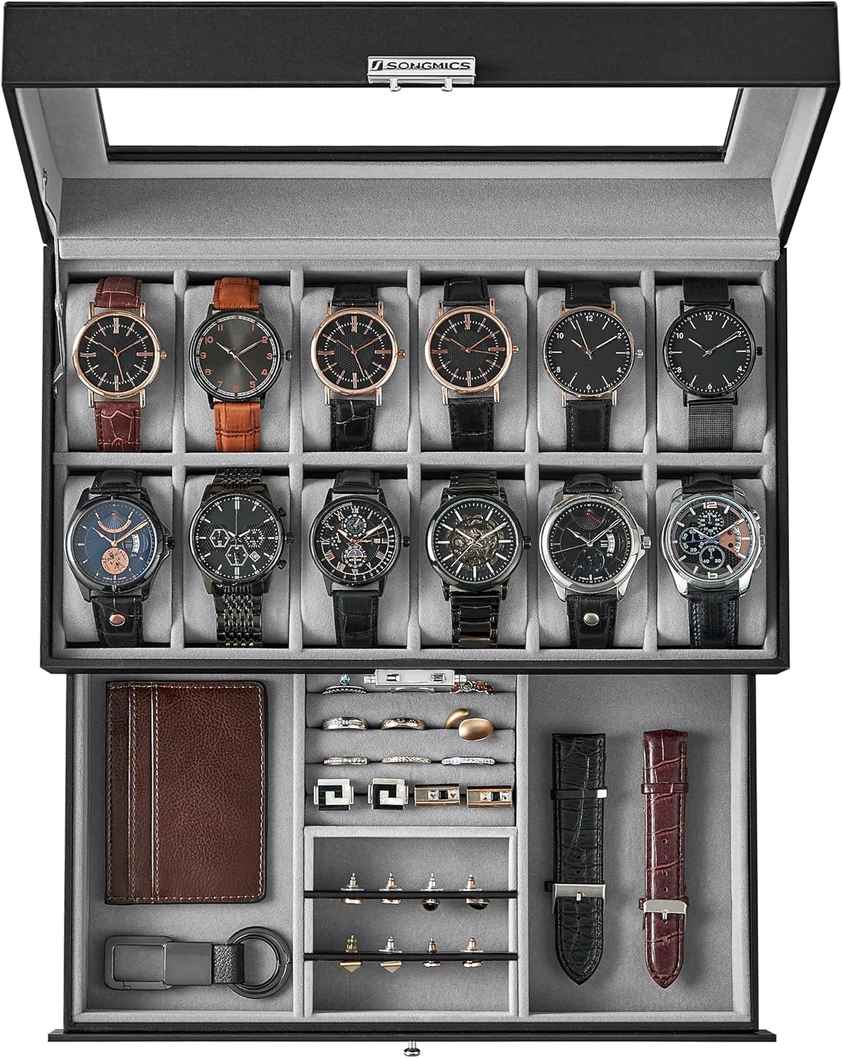 SONGMICS Lockable 12-Slot Watch Box, 2 Layers, Drawer, Black