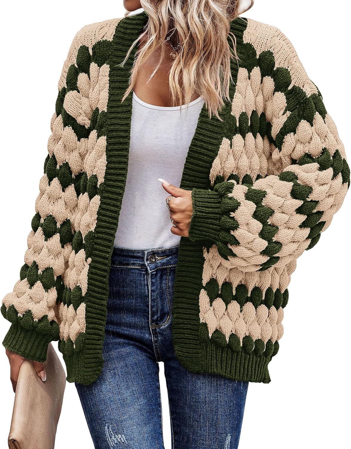 KIRUNDO Womens Cardigan Chunky Knit Color Block Sweater Coats