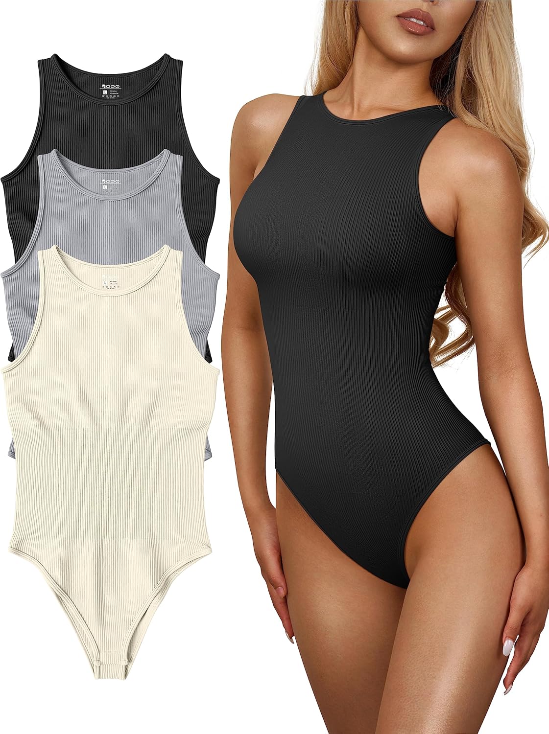 OQQ Women's 3 Piece Bodysuits Sexy Ribbed Halter Neck Tops