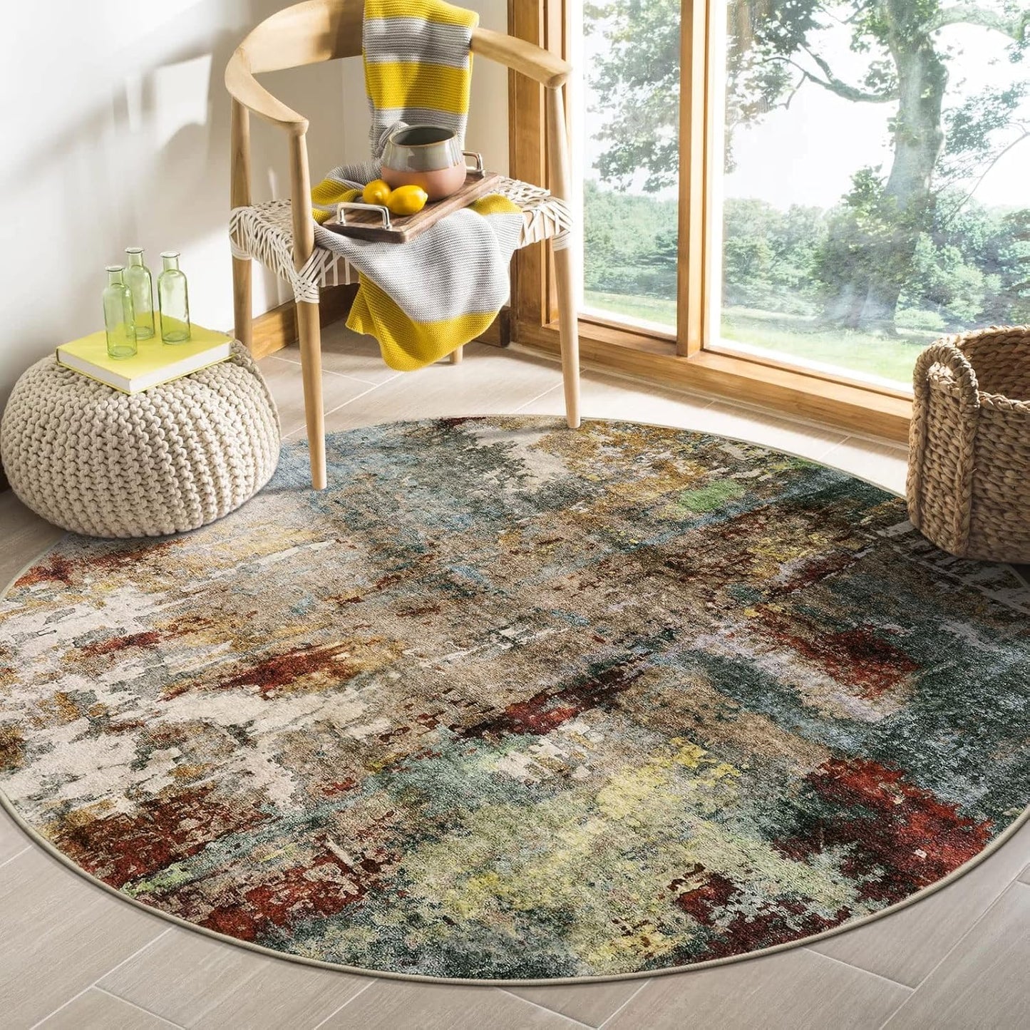 Lahome Modern Abstract Round Rug 4Ft - Soft Non Slip Carpet