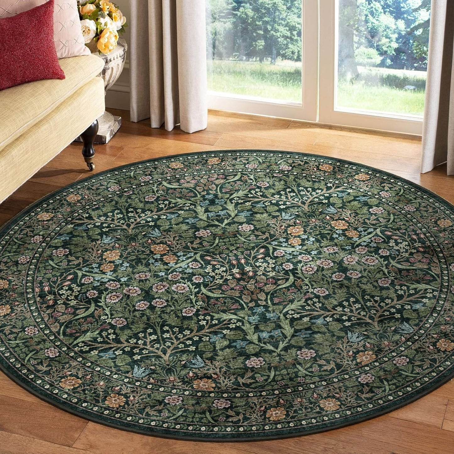 Green Round Rugs 6ft - Soft Washable Boho Floral Area Rug