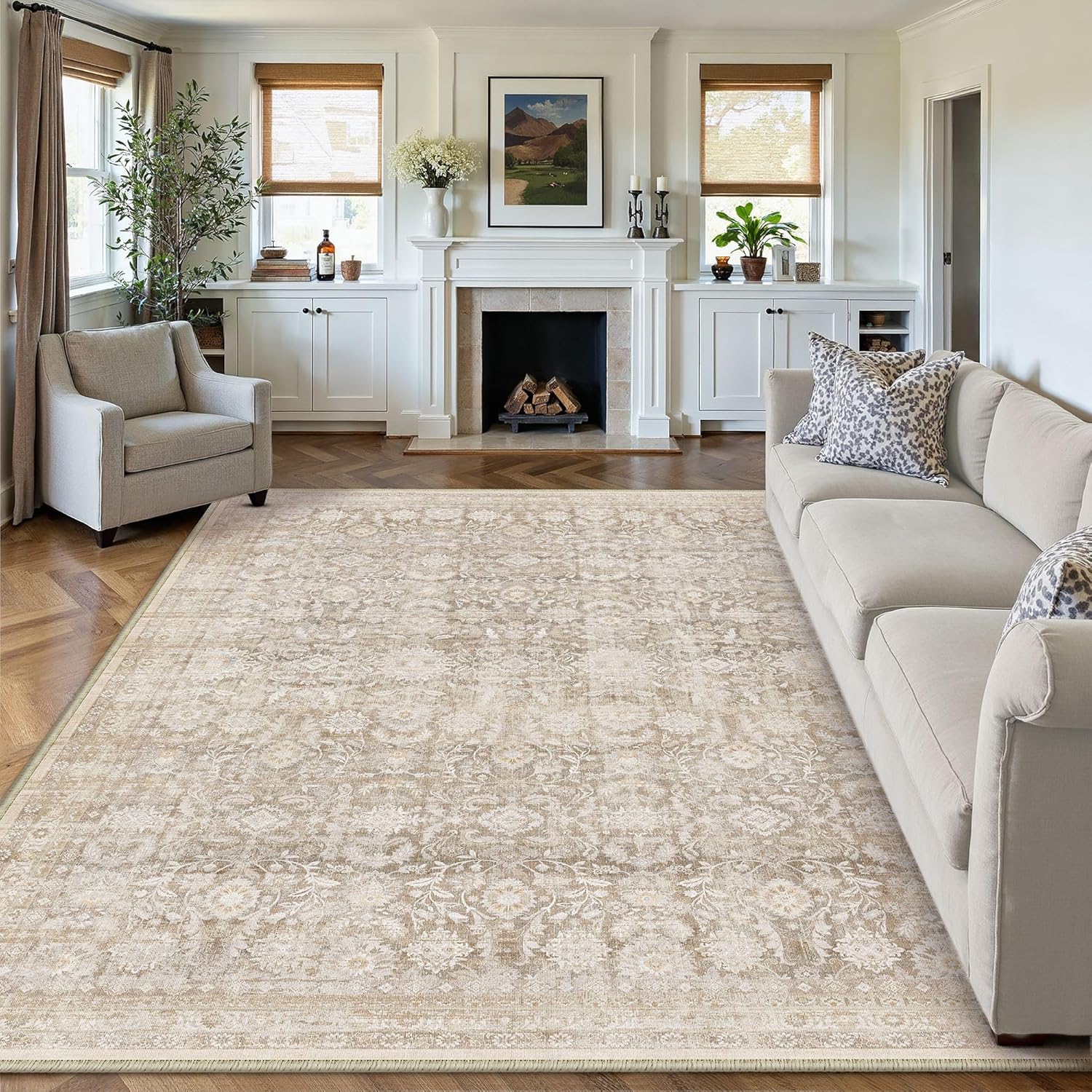 8x10 Beige Washable Area Rug for Living Room and Bedroom
