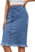 Women's Mid Rise Button Down Denim Jean Midi Skirt - Casual Fringe