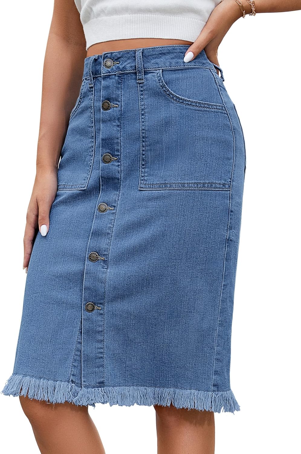 Luvamia Women's Casual Mid Rise Button Down Denim Jean Skirt