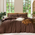 100% Washed Cotton Duvet Cover Set Oversized Queen Cocoa Brown - Soft