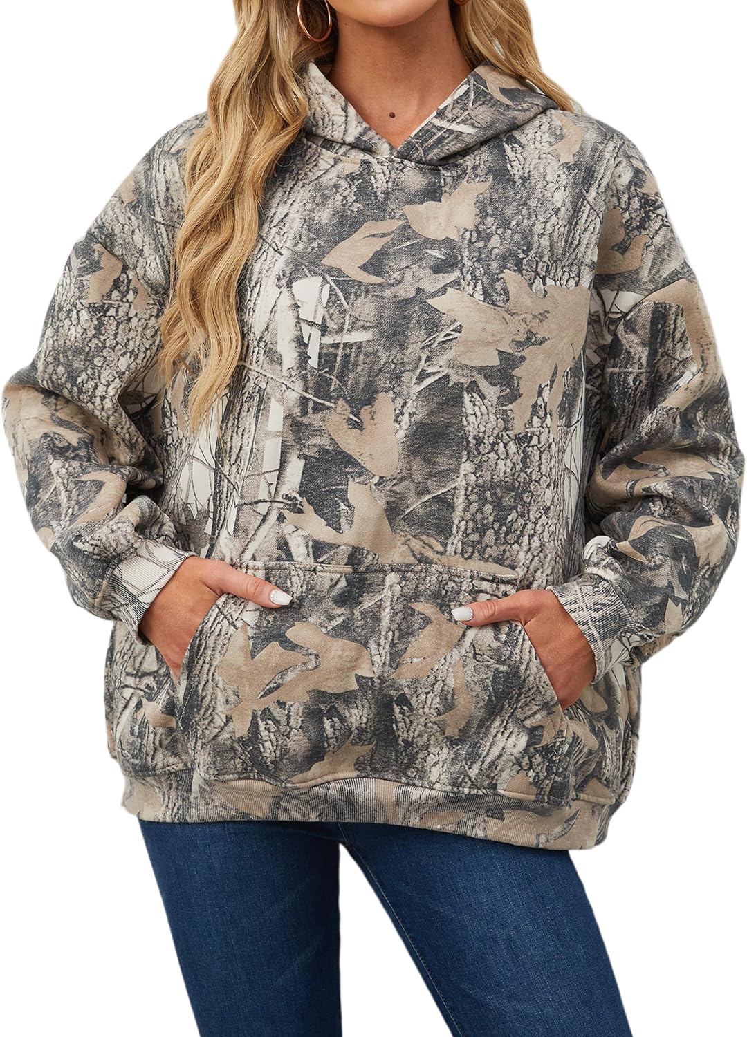 Trendy Camo Hoodie Womens Maple Leaf Fleece Oversized Sweatshirt