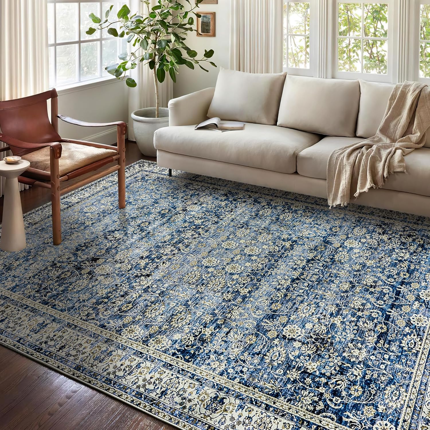 Blue Rug for Bedroom Soft Faux Wool Washable Area Rugs 5x8