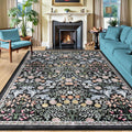 Area Rugs 9x12 Dark Black Floral Washable Rug - Low Pile Vintage