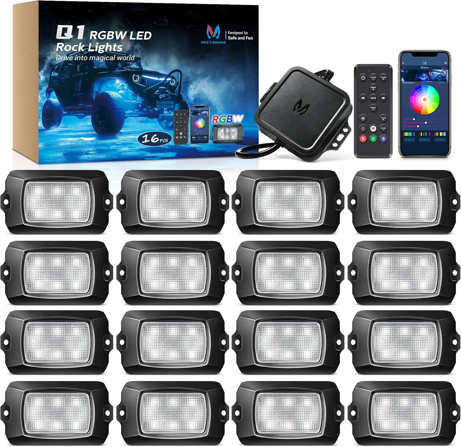MICTUNING Q1 RGBW Rock Lights for Trucks, UTVs, and More